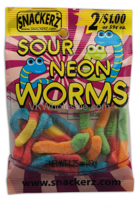Sour Neon Worms 1.75oz 2 for $1 CANDY - Snackerz