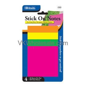 40 ct. 3" x 3" Neon Stick On Notes (4/Pack) wholesale